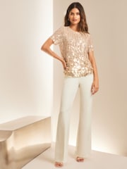 Lipsy Gold Sequin Short Sleeve Top - Image 3 of 4