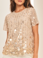Lipsy Gold Sequin Short Sleeve Top - Image 4 of 4