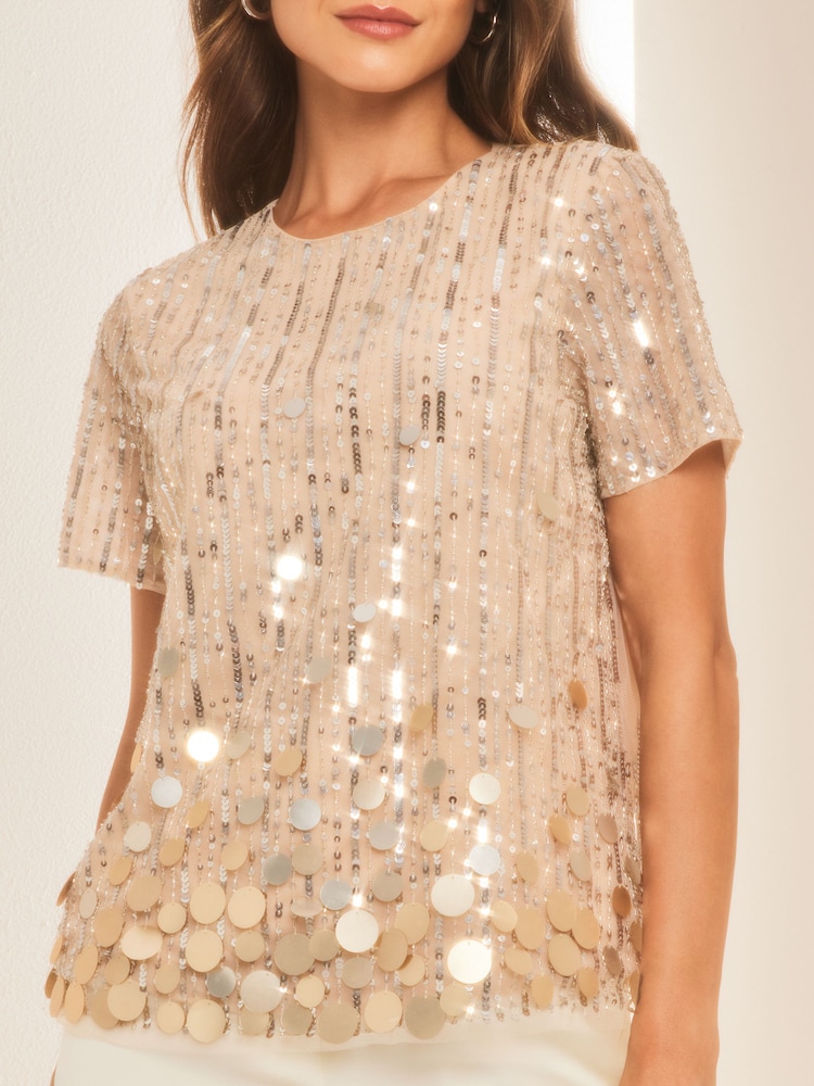 Lipsy Gold Sequin Short Sleeve Top - Image 4 of 4