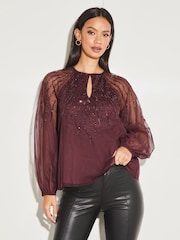 Lipsy Berry Red Long Sleeve Keyhole Sequin Detail Top - Image 1 of 4