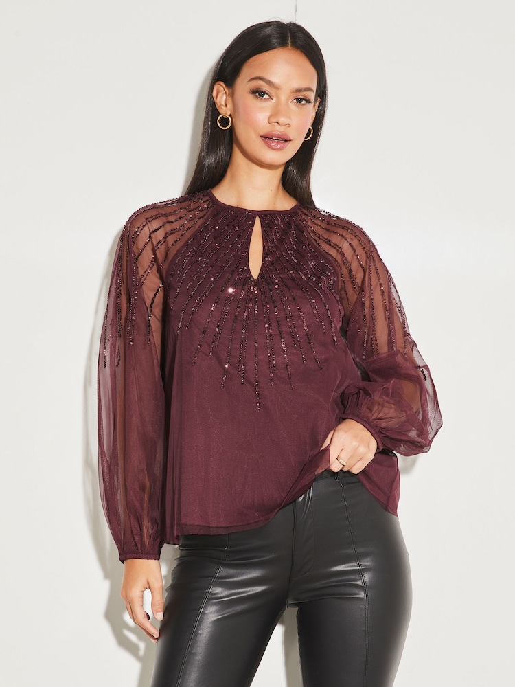 Lipsy Berry Red Long Sleeve Keyhole Sequin Detail Top - Image 1 of 4