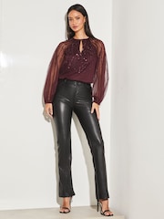 Lipsy Berry Red Long Sleeve Keyhole Sequin Detail Top - Image 2 of 4