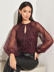 Lipsy Berry Red Long Sleeve Keyhole Sequin Detail Top - Image 3 of 4