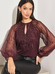 Lipsy Berry Red Long Sleeve Keyhole Sequin Detail Top - Image 4 of 4