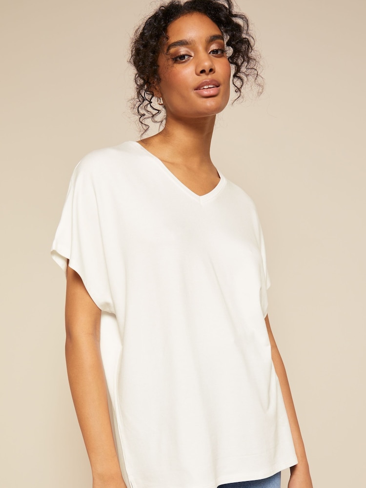 Friends Like These Ivory Short Sleeve V Neck Tunic Top - Image 1 of 4