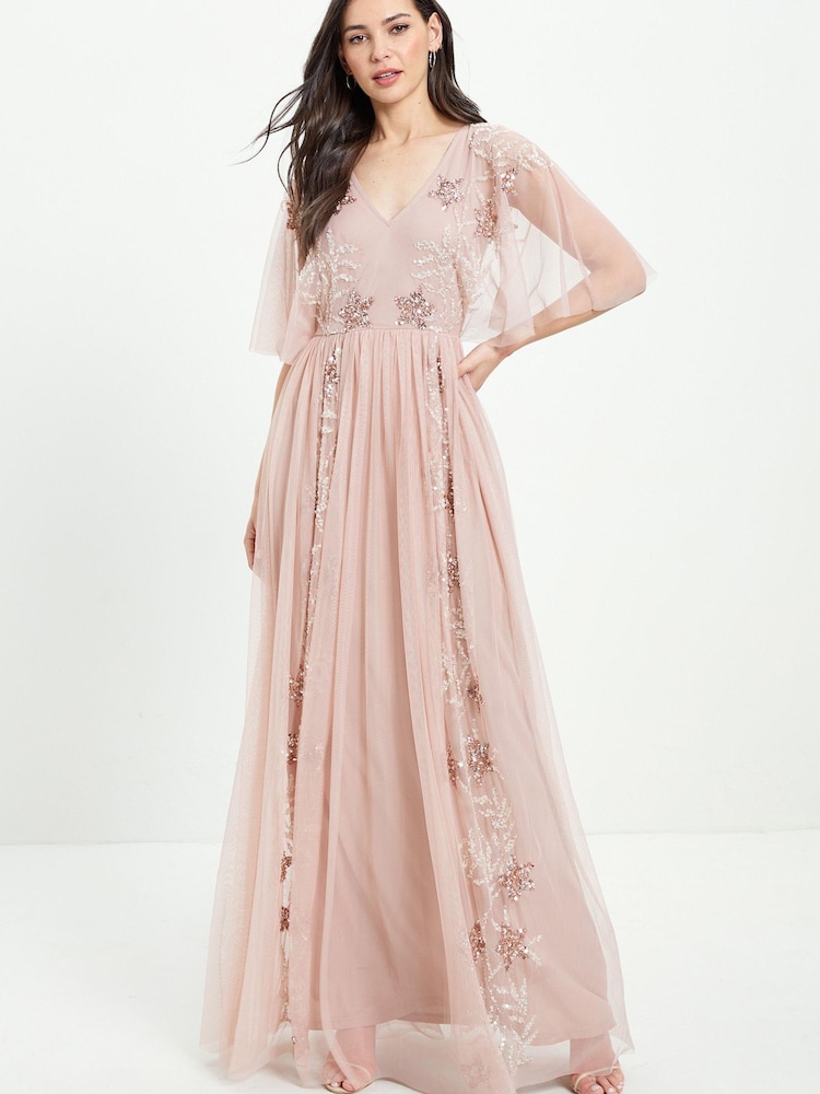 Maya Pink Floral Embellished Cape Sleeve Maxi Dress - Image 1 of 1