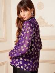 Love & Roses Purple Star Ruffle Sheer Tie Neck Long Sleeve Blouse - Image 3 of 4