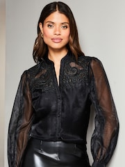 Lipsy Black Long Sleeve Sheer Artwork Button Through Shirt - Image 1 of 1