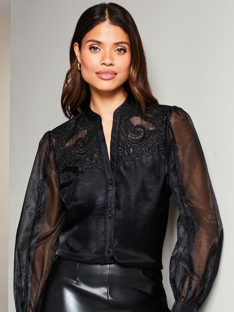 Lipsy Black Long Sleeve Sheer Artwork Button Through Shirt - Image 1 of 1
