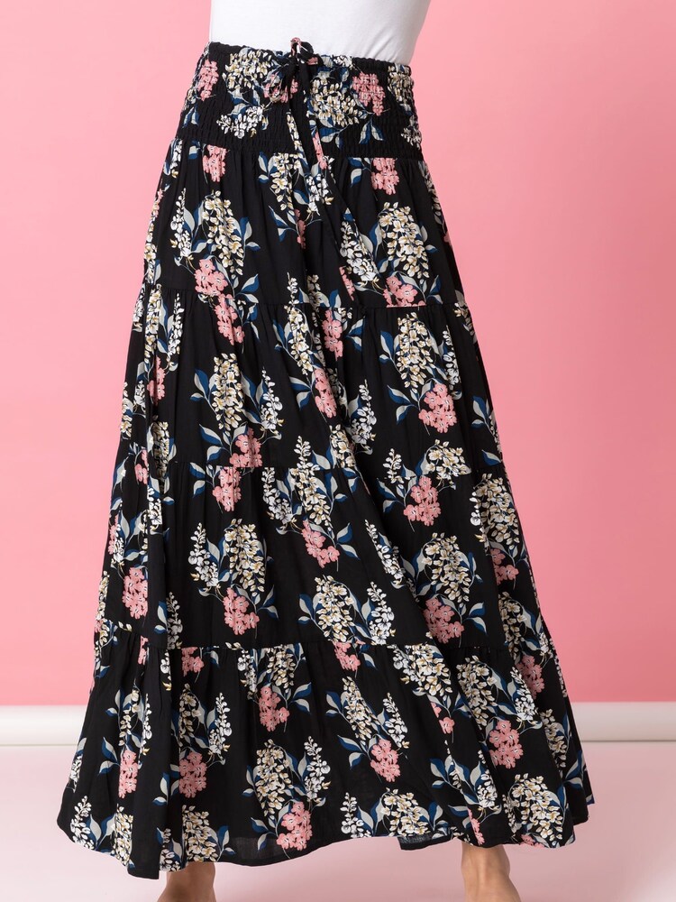 Roman Black Floral Shirred Waist Maxi Skirt - Image 1 of 4