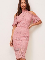 Lipsy Pink Premium Lace Cold Shoulder Midi Dress - Image 1 of 4