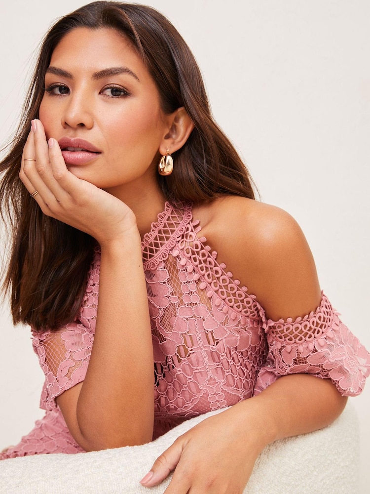 Lipsy Pink Premium Lace Cold Shoulder Midi Dress - Image 4 of 4