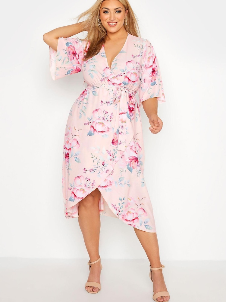 Yours Curve Pink Floral Wrap Dress - Image 1 of 4 Yours Curve Pink Floral Wrap Dress - Image 1 of 4