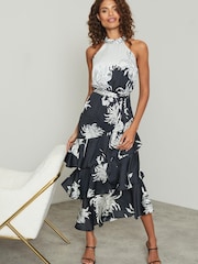 Lipsy Monochrome Petite Printed Tiered Halter Midi Dress - Image 1 of 4