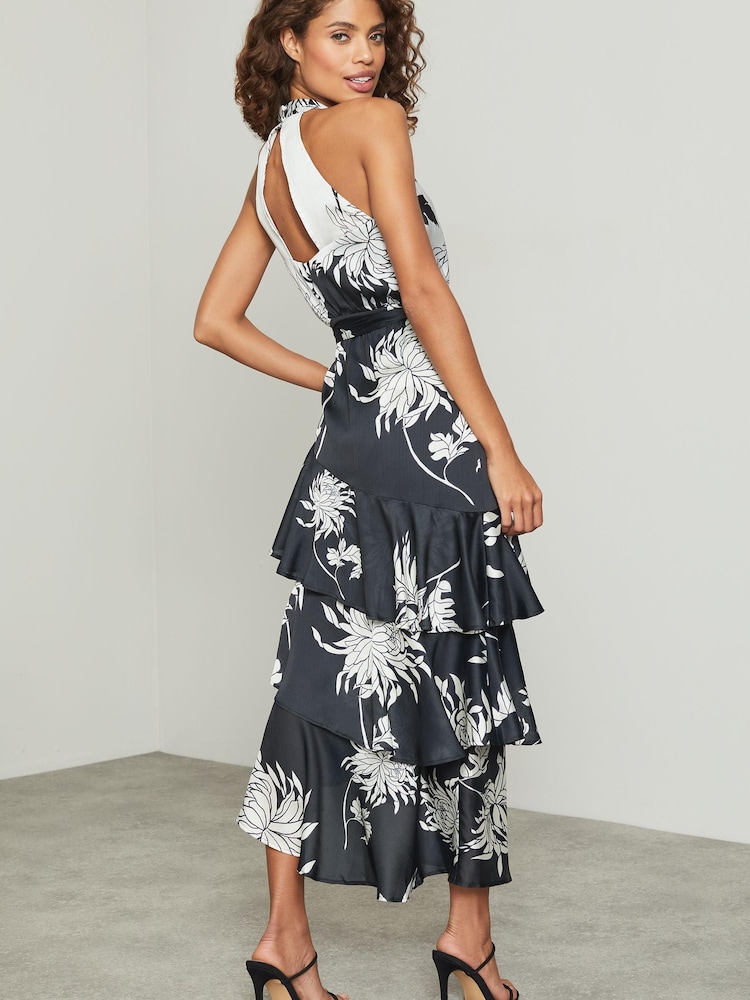 Lipsy Monochrome Petite Printed Tiered Halter Midi Dress - Image 2 of 4