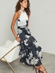 Lipsy Monochrome Petite Printed Tiered Halter Midi Dress - Image 3 of 4