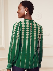 Love & Roses Green Printed Ruched High Neck Long Sleeve Chiffon Blouse - Image 2 of 4