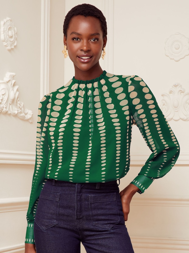 Love & Roses Green Printed Ruched High Neck Long Sleeve Chiffon Blouse - Image 4 of 4