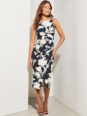 Lipsy Black/White Square Neck Ruched Side Split Midi Dress - Image 3 of 4