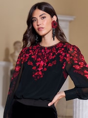 Love & Roses Black and Red Printed Ruched High Neck Long Sleeve Chiffon Blouse - Image 1 of 4