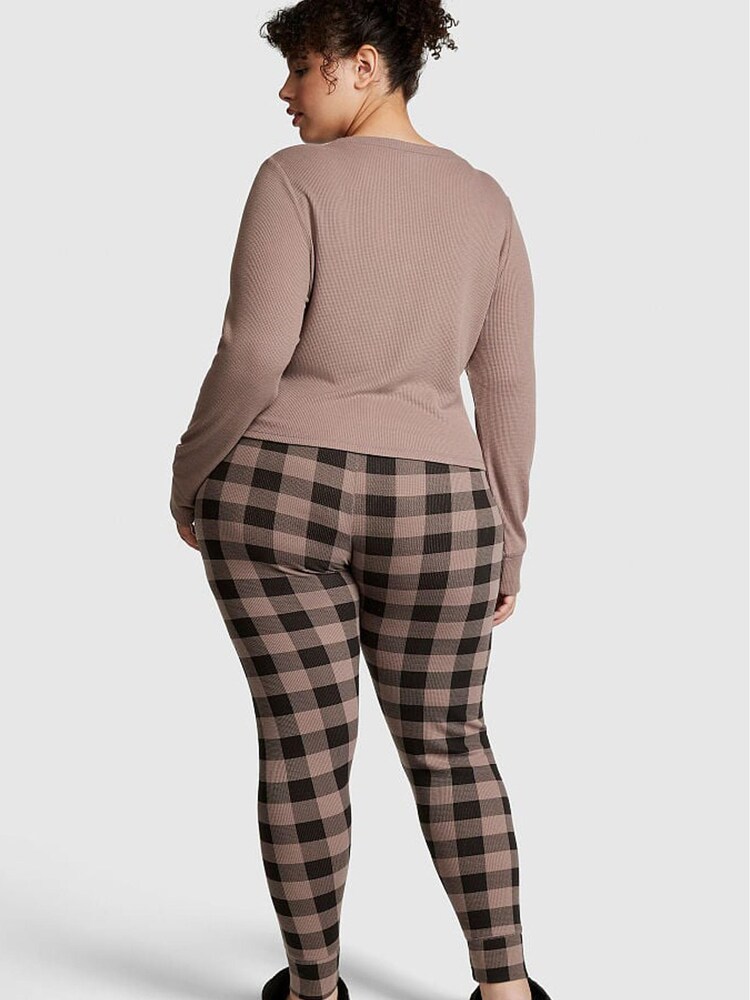 Victoria's Secret PINK Iced Coffee Brown Plaid Thermal Long Sleeve and Legging Pyjama Set - Image 2 of 3
