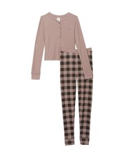 Victoria's Secret PINK Iced Coffee Brown Plaid Thermal Long Sleeve and Legging Pyjama Set - Image 3 of 3