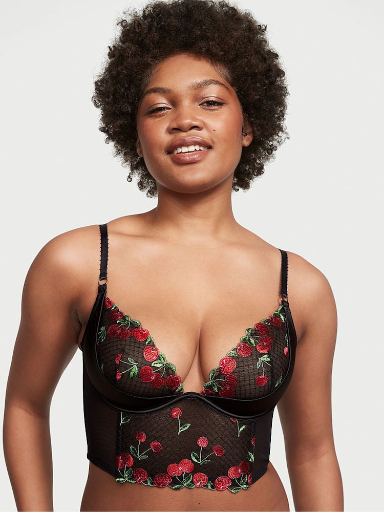 Victoria's Secret Cherry Black Quarter Cup Embroidered Corset Bra Top - Image 1 of 5 Victoria's Secret Cherry Black Quarter Cup Embroidered Corset Bra Top - Image 1 of 5