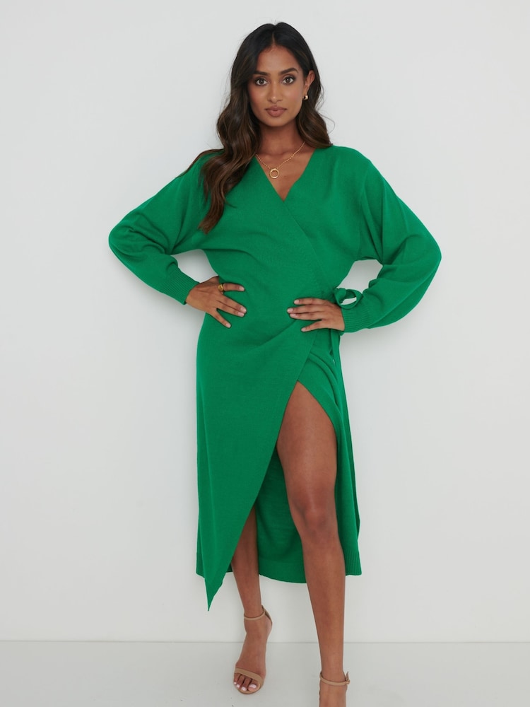 Pretty Lavish Emerald Green Beau Knitted Wrap Midi Dress - Image 3 of 5