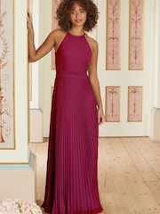 Love & Roses Burgundy Red Pleated Lace Insert Bridesmaid Maxi Dress - Image 1 of 4