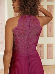 Love & Roses Burgundy Red Pleated Lace Insert Bridesmaid Maxi Dress - Image 2 of 4
