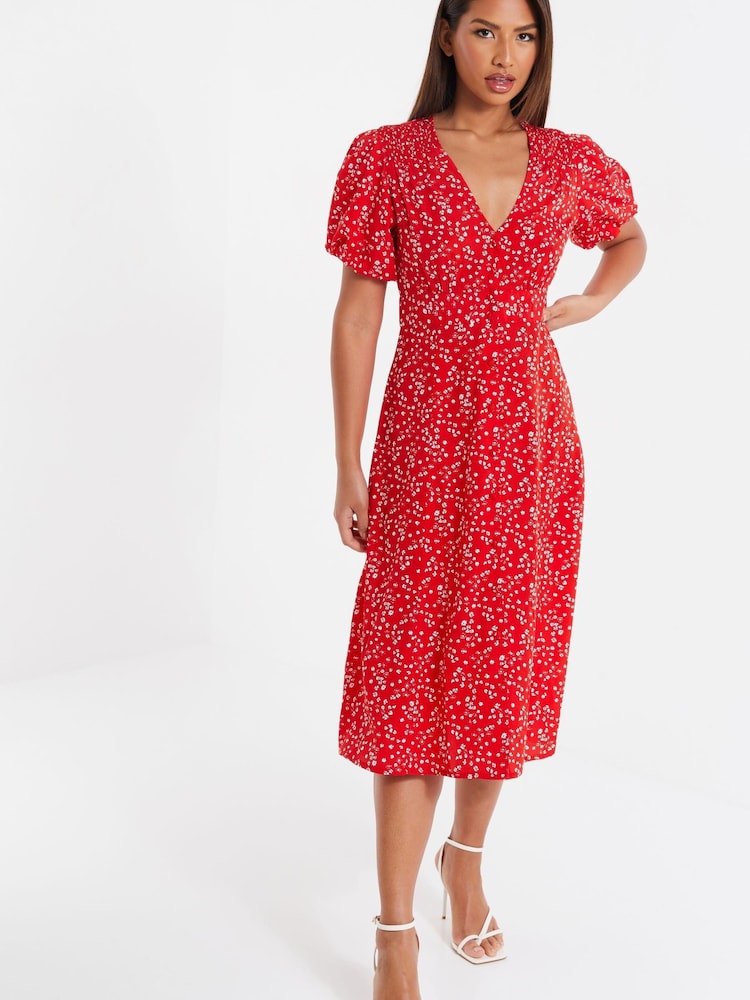 Quiz Red Ditsy Print Midi Dress - Image 1 of 5
