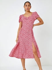 Dusk Red Ditsy Floral Bow Detail Midi Dress - Image 1 of 5