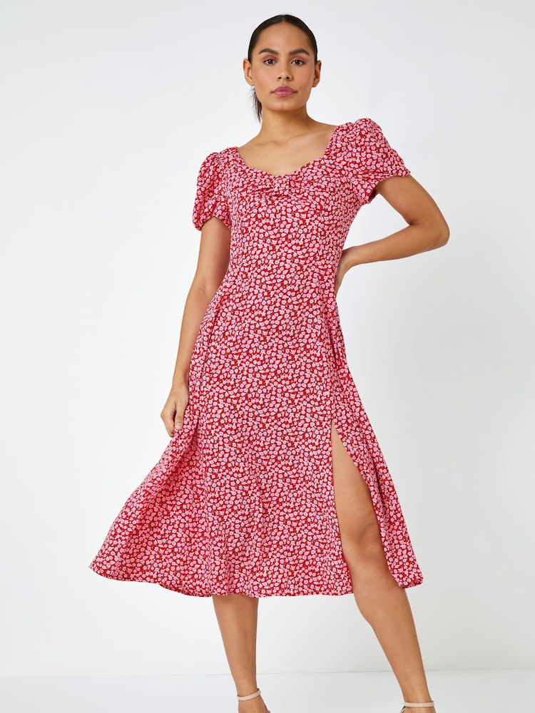 Dusk Red Ditsy Floral Bow Detail Midi Dress - Image 1 of 5