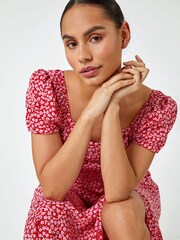Dusk Red Ditsy Floral Bow Detail Midi Dress - Image 3 of 5