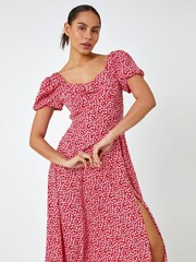 Dusk Red Ditsy Floral Bow Detail Midi Dress - Image 4 of 5