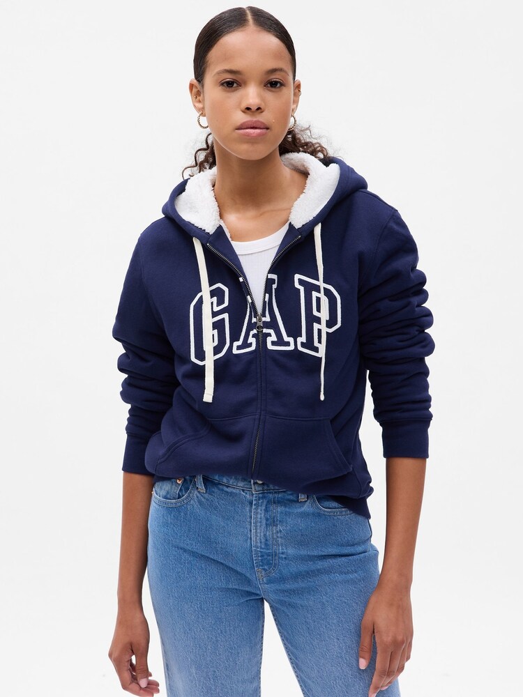 Gap Blue Logo Sherpa-Lined Zip Long Sleeve Hoodie - Image 1 of 2
