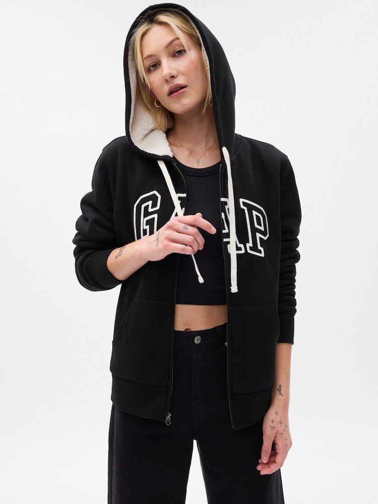Gap Black Logo Sherpa-Lined Zip Long Sleeve Hoodie - Image 1 of 2