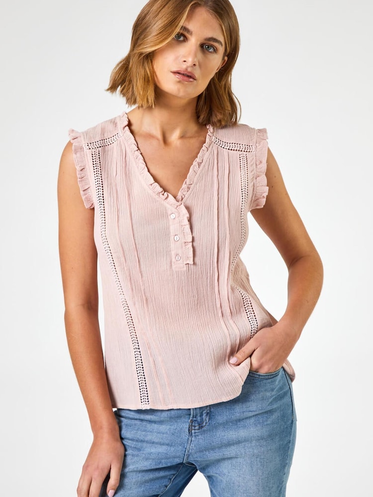 Roman Pink Ruffle Detail Cotton Crinkle Top - Image 1 of 5