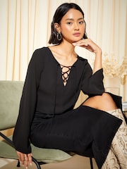 Friends Like These Black Long Flute Sleeve Lace Up Slim Fit Blouse - Image 1 of 4