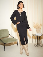 Friends Like These Black Long Flute Sleeve Lace Up Slim Fit Blouse - Image 3 of 4