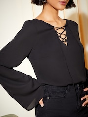 Friends Like These Black Long Flute Sleeve Lace Up Slim Fit Blouse - Image 4 of 4