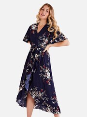 Mela Navy Floral Wrap Front Detail Midi Dress - Image 1 of 4
