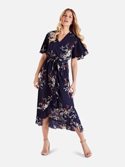 Mela Navy Floral Wrap Front Detail Midi Dress - Image 3 of 4