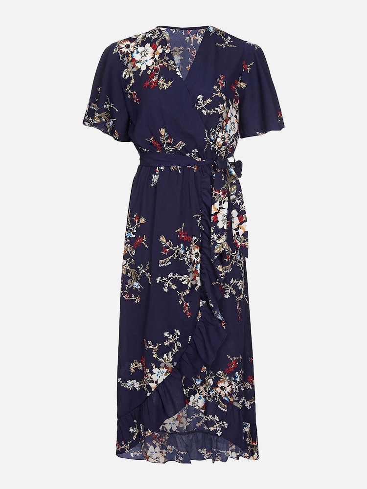 Mela Navy Floral Wrap Front Detail Midi Dress - Image 4 of 4