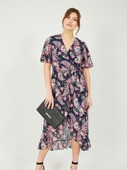Mela Navy & Pink Floral Wrap Front Detail Midi Dress - Image 1 of 4