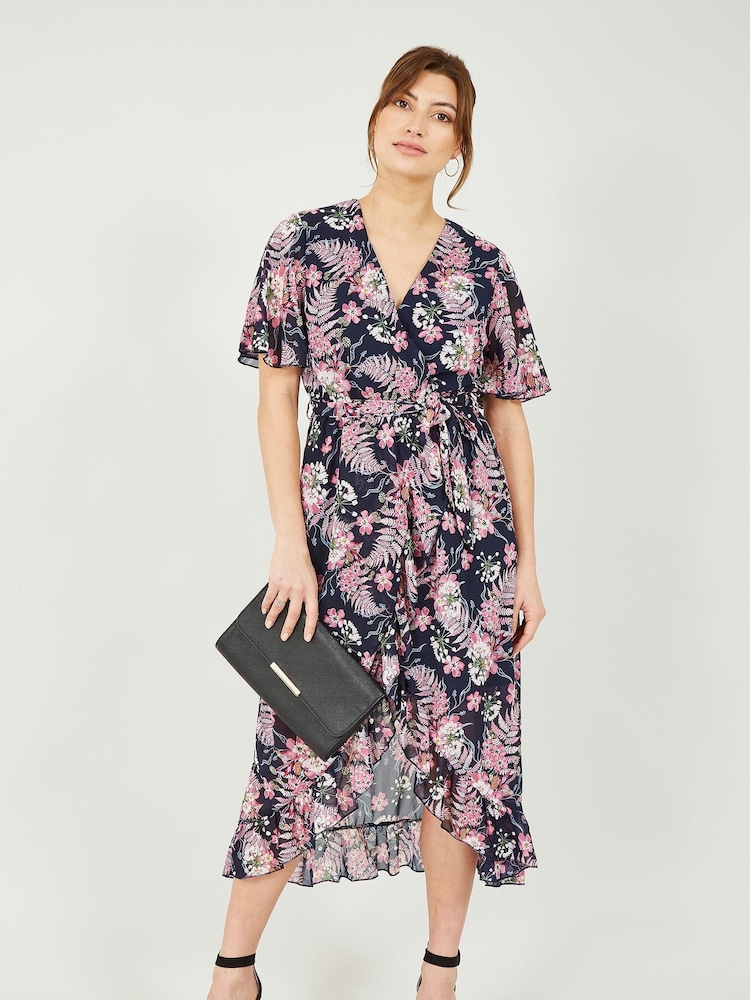 Mela Navy & Pink Floral Wrap Front Detail Midi Dress - Image 1 of 4