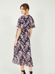 Mela Navy & Pink Floral Wrap Front Detail Midi Dress - Image 2 of 4