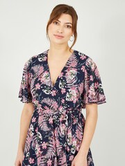 Mela Navy & Pink Floral Wrap Front Detail Midi Dress - Image 3 of 4