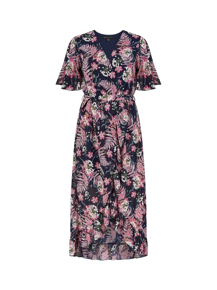 Mela Navy & Pink Floral Wrap Front Detail Midi Dress - Image 4 of 4