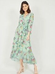 Yumi Green Floral Wrap V-Neck Dress - Image 1 of 4